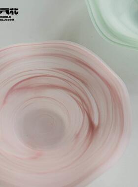 人间开 花 原创粉白色云雾雾面波浪玻璃磨砂家用沙拉碗果盘Y