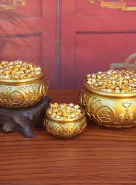 黄铜八福双鱼聚宝盆招财纳福摆件工艺品迷你小元宝办公室招财摆件