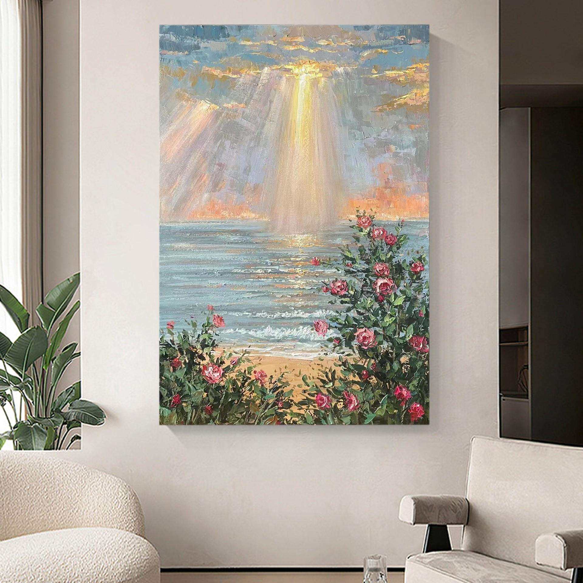 手绘油画玫瑰海岸挂画装饰画奶油风入户玄关挂画客厅落地肌理画