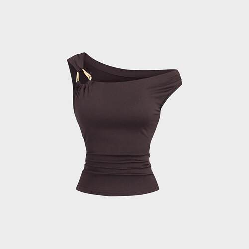 Elegant Women's Metal Button Patchwork Off-Shoulder Slim Fit