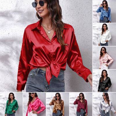 Women'S Woven Satin Shirt Collar Long Sleeve Button-Up