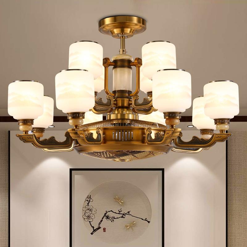 新中式客厅风扇灯负离子隐形卧室吊扇灯仿古锌合金家用餐厅电扇灯