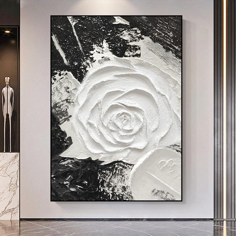 手绘油画玫瑰肌理画抽象客厅玄关装饰画黑白极简立体卧室餐厅挂画图片
