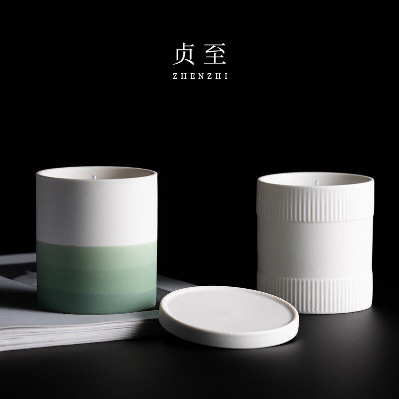 现代简约ins风条纹渐变陶瓷蜡烛杯香薰蜡烛摆件创意香氛烛台