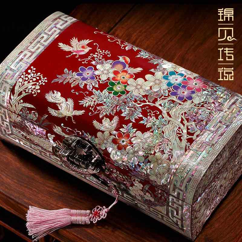 高档锦贝中说螺钿漆器首饰盒送闺蜜好带锁式传实木质收纳友盒结婚