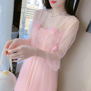 超仙夏季长版套装吊带洋装新款防晒两件套开衫立体甜美网纱仙女