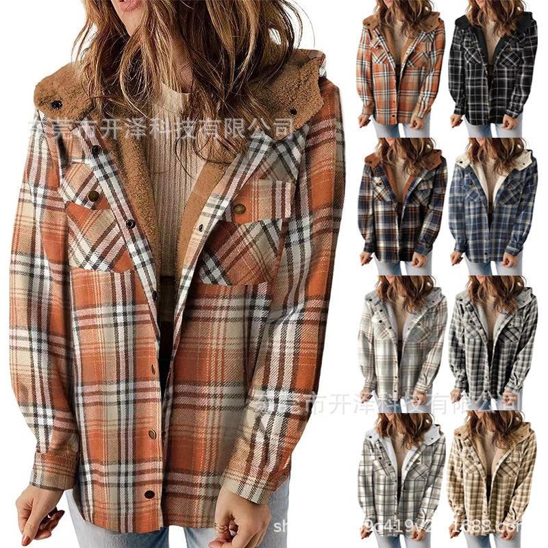 Pocket plaid shirt hooded woolen jacket for women, warm图片