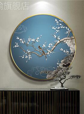 网红新中式圆形国画正花关鸟玄对装画饰画寓好挂门意壁喜上眉梢茶