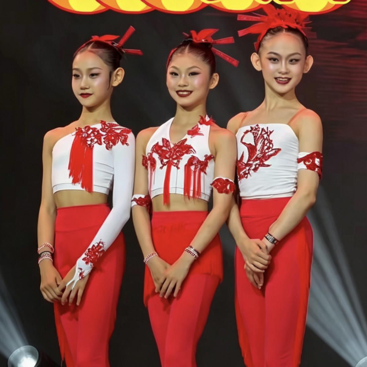 悠悠林意涵同款儿童拉丁舞表演红纸开花演出服裤子套装女童