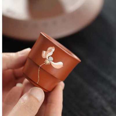 宜兴原矿紫砂主人杯 精品泥绘荷花主人杯闻香杯 品茗杯 紫砂杯