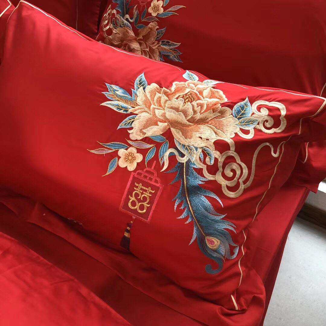 中式80支贡缎全棉婚庆床上用品精密刺绣被套红色结婚四件六件套