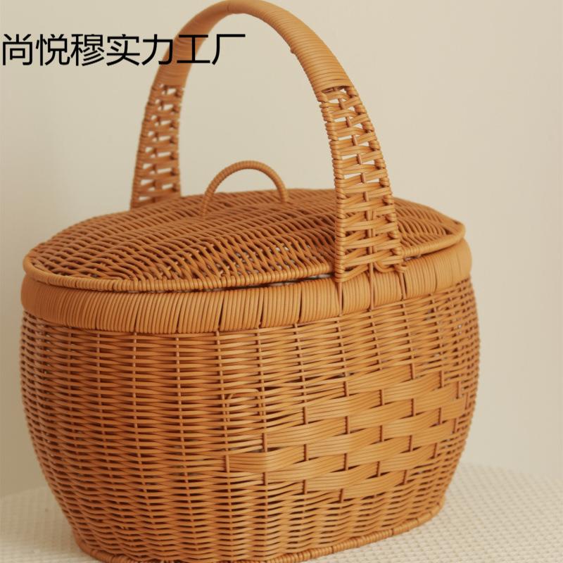 手提菜篮子带盖有盖拜祖宗篮子手工仿藤编织水果购物篮提篮鸡蛋篮