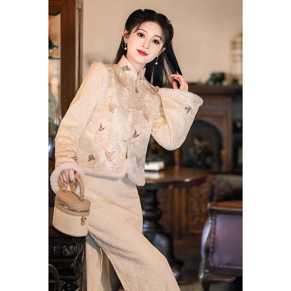 旗袍改良马甲套装过年时尚套装