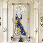 壁画美式 油画走廊过道竖版 挂画孔雀油画 饰画欧式 玄关装