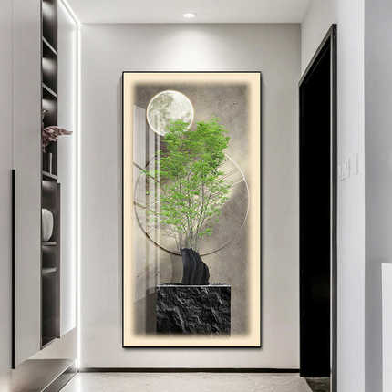 简约led带灯入户玄关装饰画简约现代挂画走廊尽头过道壁画竖版灯