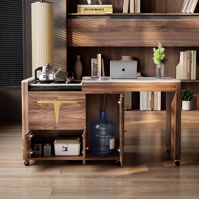 黑胡桃木色伸缩茶桌升降茶台泡茶一体阳台小户型家用岩板功夫茶车