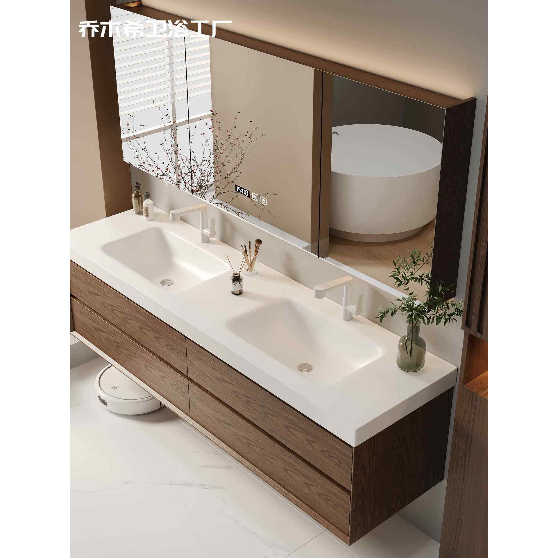 中古风浴室柜岩板热弯一体盆洗漱台双盆洗手盆组合实木橡木卫浴柜