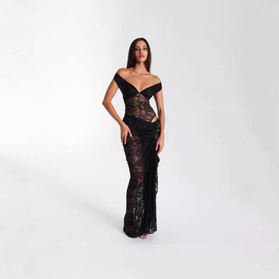 Lace one-shoulder dress欧美高腰长裙透视套装镂空抹胸长款裙子