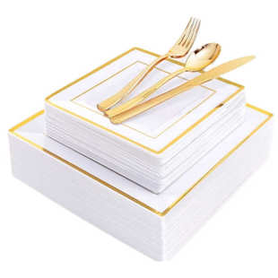 6.5寸9寸刀叉勺白色方形一次性餐盘烫金盘硬塑料25个组合套装
