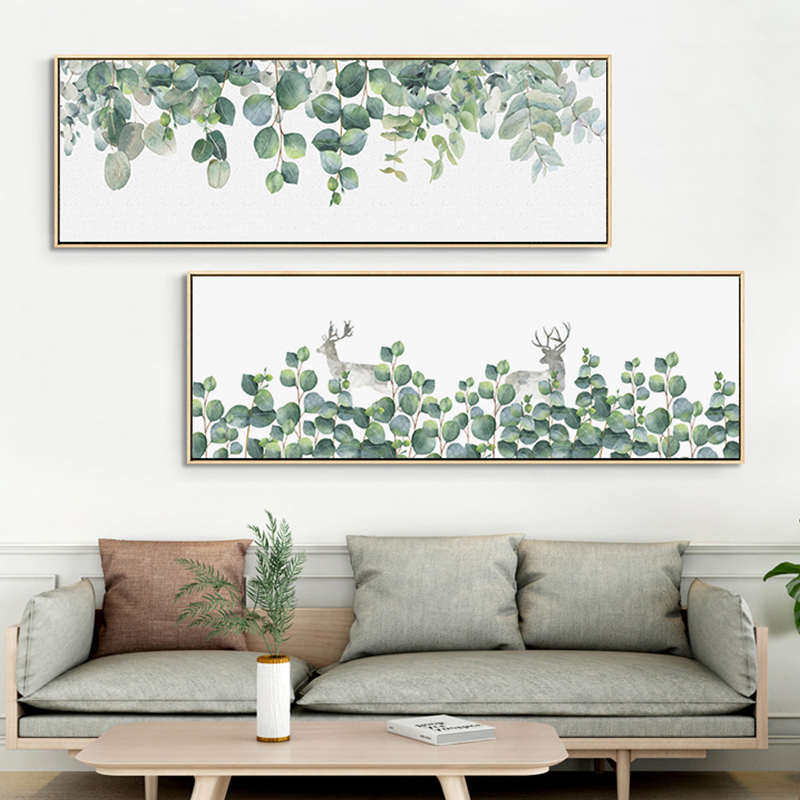 鳟鱼北欧风床头壁画卧室客厅画清新绿植风景挂画长方形横版装饰画