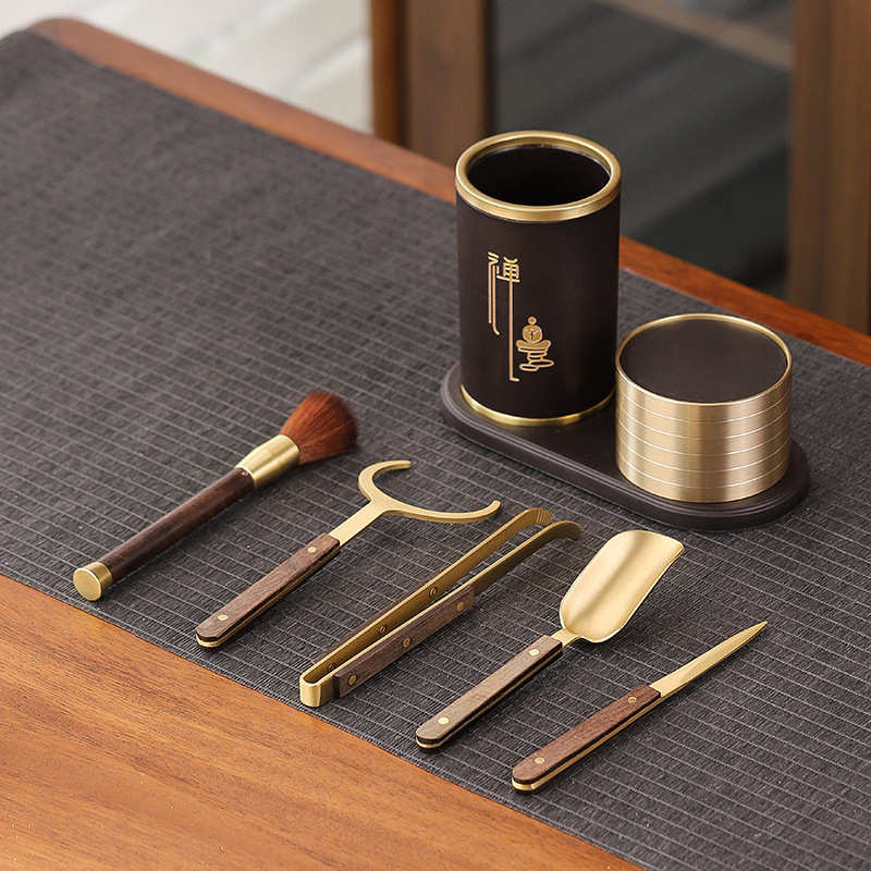 高档电木茶道六君子杯垫套组泡茶工具大全黄铜茶杯托功夫茶具配件
