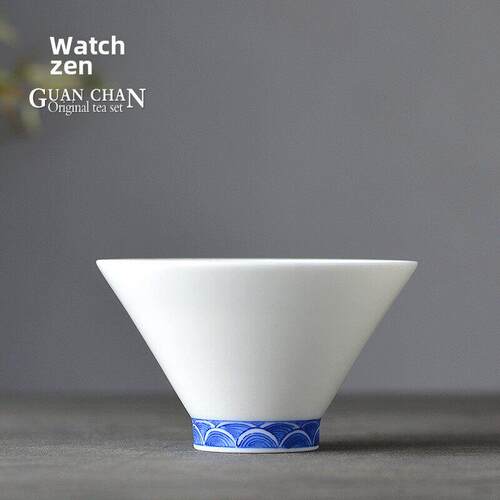 观禅 青花瓷手绘茶杯 景德镇手工品茗杯主人杯功夫茶具陶瓷斗笠杯