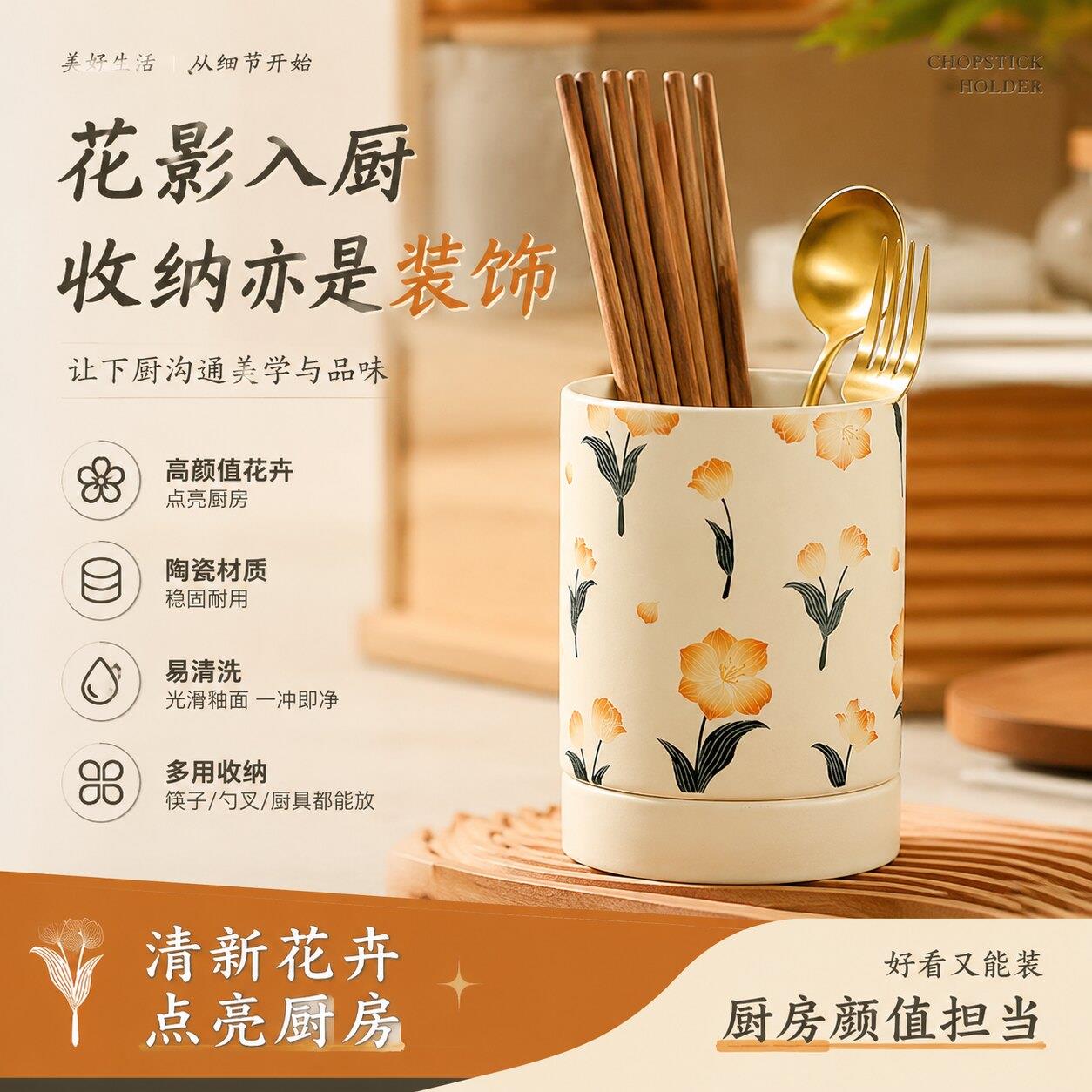 特别好看的筷子筒厨房台面高档抗菌防霉陶瓷收纳盒2026新款家用图片