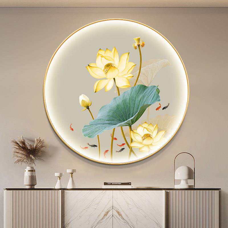 新中式金色荷花带灯装饰画茶室餐厅圆形壁画客厅玄关走廊莲花挂画