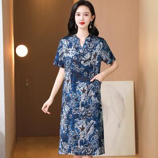 杭州真丝连衣裙女宽松大码青花瓷中老年妈妈夏装复古桑蚕丝中长裙