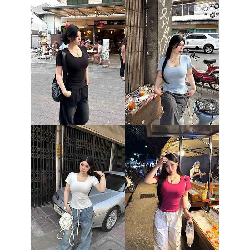 黑泽玄七短袖t恤女2025春夏新款微胖大码修身显瘦多色内搭u领上衣