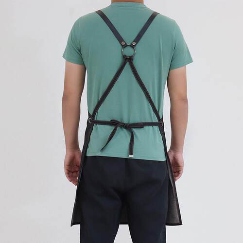 外贸跨境牛仔围裙理发店工服发烫M-341牛染欧美g拼作接皮口袋围裙
