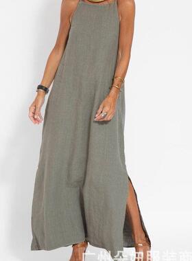 Cotton and linen split suspender dress 棉麻开叉吊带连衣裙