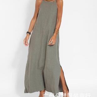and dress linen suspender 棉麻开叉吊带连衣裙 split Cotton