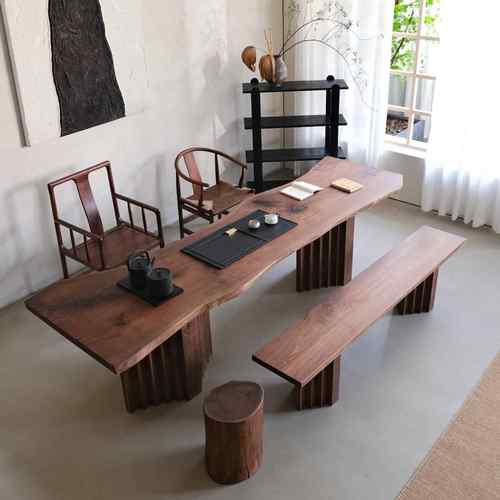 北美黑胡桃实木大板茶桌胡桃木茶台原木嵌入式大板茶台