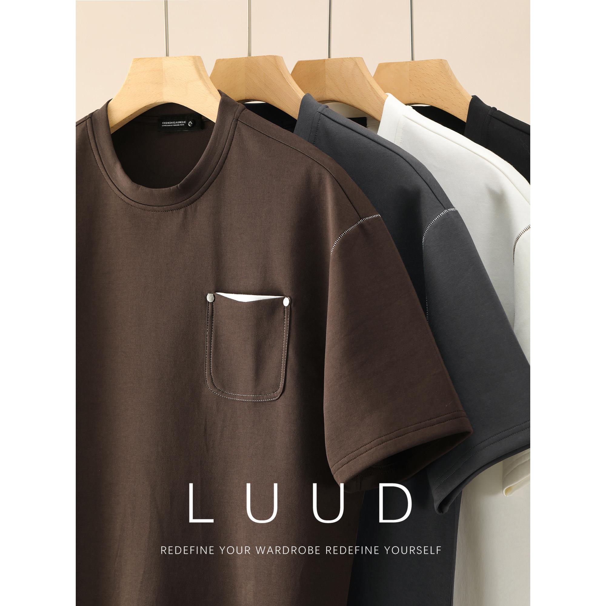 LUUD 拼色铆钉贴袋设计圆领短袖男夏季辑明线装饰时尚简约上衣T恤
