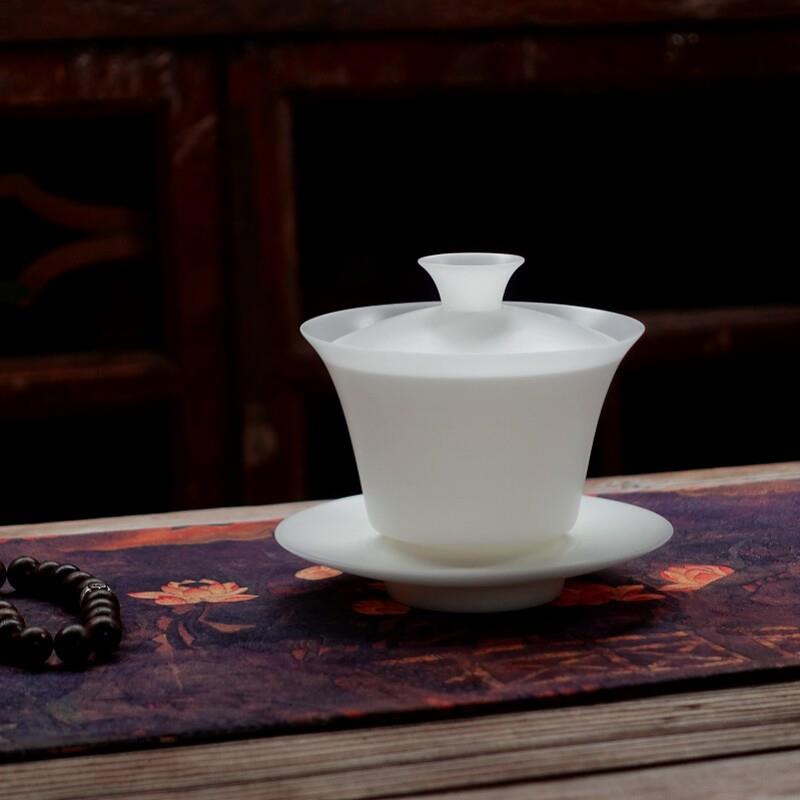 超薄大马蹄盖碗冰种玉瓷素烧哑光德化高档白瓷茶具三才碗原矿高温