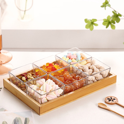 北欧玻璃水果糖果盘 创意带盖零食干果碟竹制 客厅玻璃小吃果盒