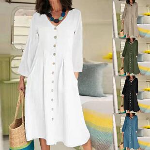 waisted high cotton and dress Long linen sleeved