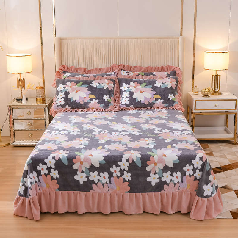 秋冬天珊瑚绒牛奶绒荷叶边素雅大床单单件加绒250x270250cmx270cm