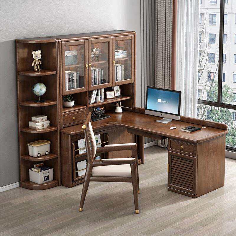 新中式实木转角书桌一体书架书柜家用台式电脑桌办公桌写字学习桌