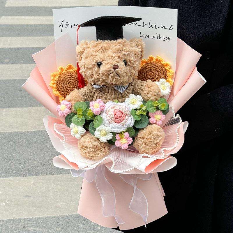 创意中高考仿真向日葵玫瑰花束可爱公仔熊玩偶手捧花儿童毕业