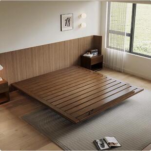 黑胡桃木全实木无床头排骨架床纯实木悬浮床中古风卧室实木无靠背