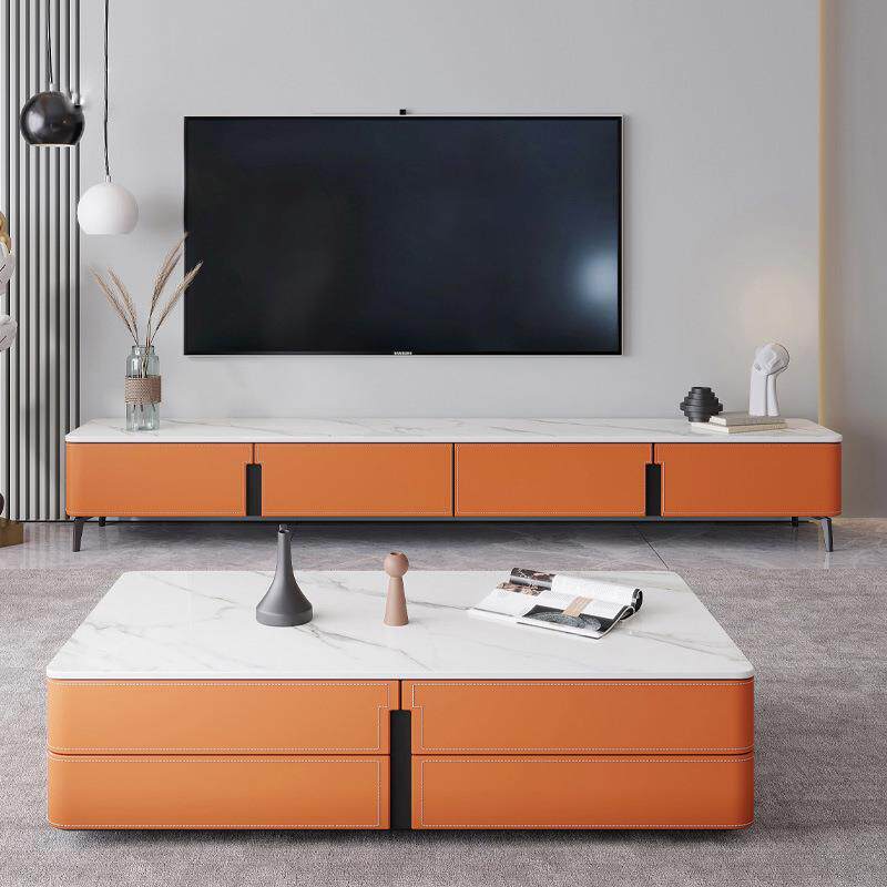 意式极简茶几电视柜组合现代北欧简易客厅高端马鞍皮岩板地柜整装