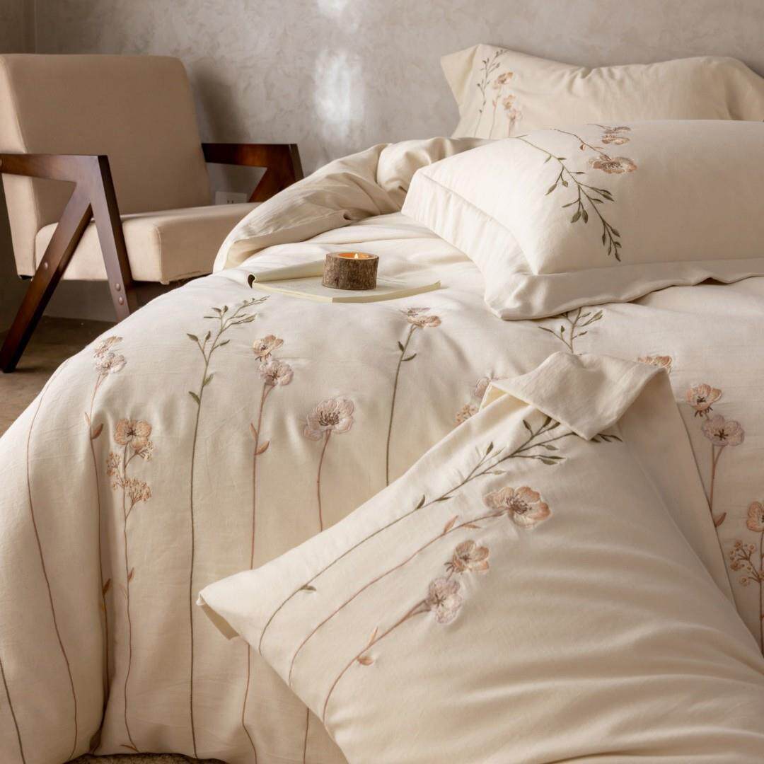 一束一束的花 | 东方韵味棉麻四件套刺绣被套四季透气宽边床上用