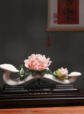 陶瓷白瓷玉如意摆件富贵牡丹手捏瓷花送礼开业礼品桌面装饰品