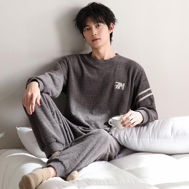 新款冬季男士长袖半边绒睡衣套装秋冬款薄绒加绒休闲居家服可外穿