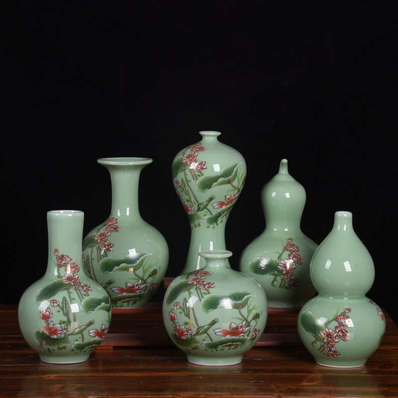 优雅摆件仿古高花瓶中国瓷荷花装饰艺术花插客厅时尚陶瓷礼品摆件
