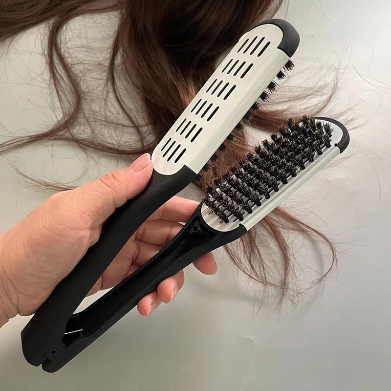 外贸美发直发梳子铝片猪鬃毛造型梳防静电拉直梳短发内扣耐高温梳