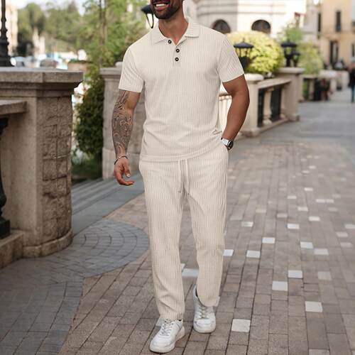 Men's collar button short sleeved shirt long pants set
