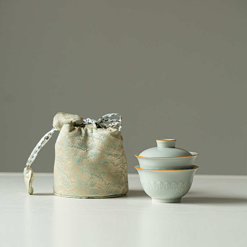 简约快客杯陶瓷盖碗茶杯户外旅行茶具便携式一碗一杯个人专用套装